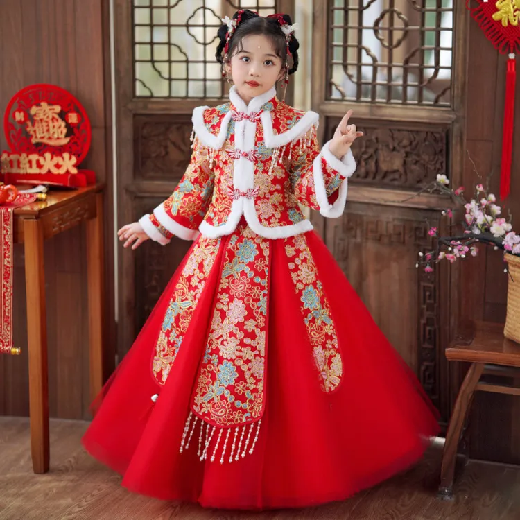 汉服女童冬装冬款新款拜年中国古装加厚加绒儿童唐装过年新年服装