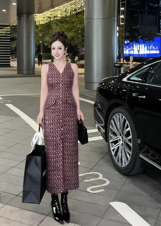 【冬装新款】DL158轻奢时尚气质羊毛彩纱无袖背心裙长款