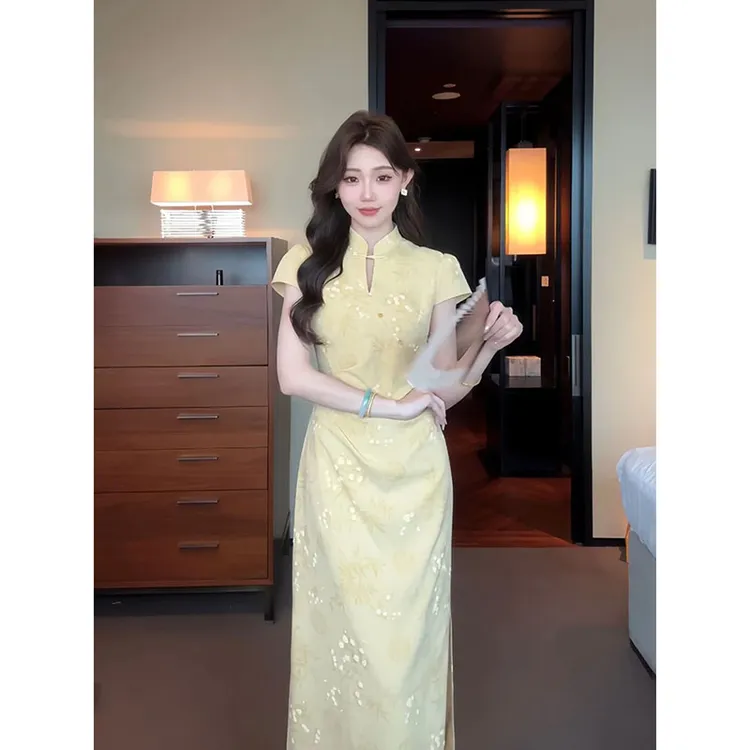 【9920】国风新中式黄蓝竹叶底纹梅花连衣裙优雅气质旗袍裙高级感