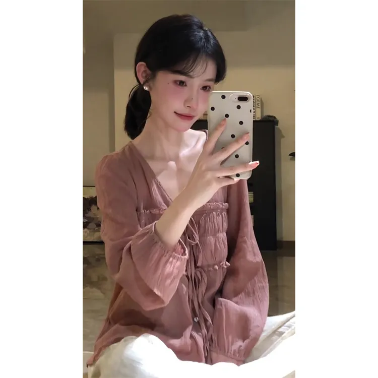 2025秋季新款女韩系穿搭V领宽松衬衫上衣气质高腰显瘦阔腿长裤子