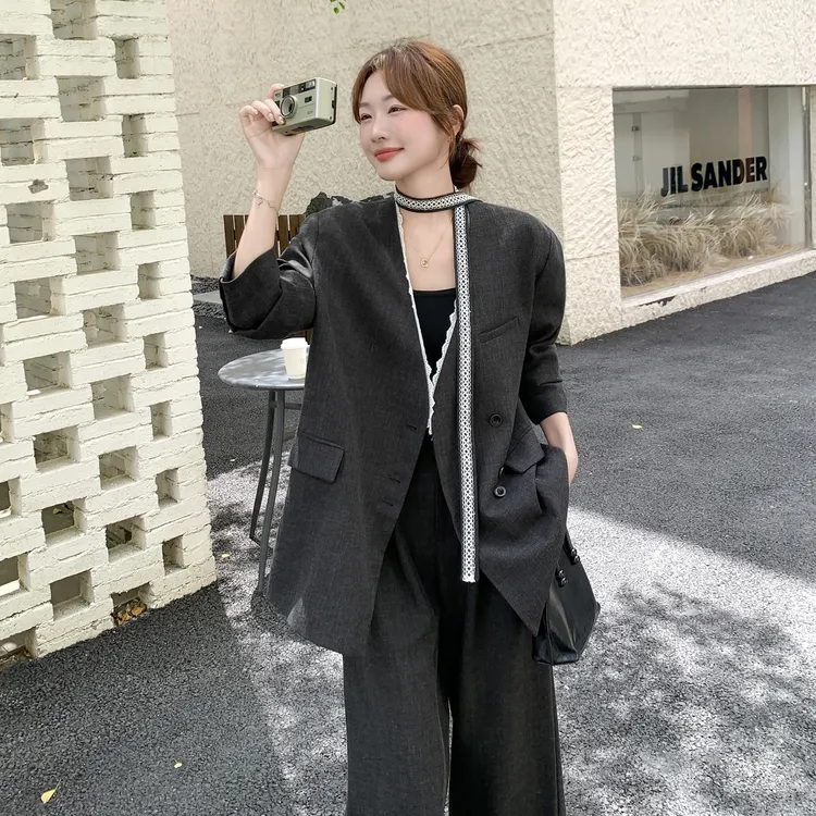 韩系西装套装女早秋新款2025年流行穿搭蕾丝拼接飘带阔腿裤两件套