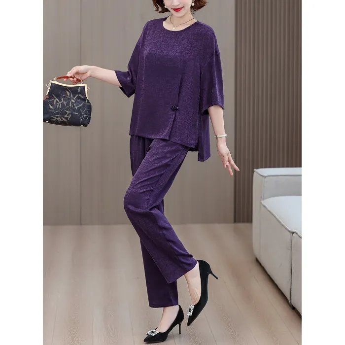 时尚妈妈装两件套夏季新款高档中老年女装宽松休闲上衣裤子套装女