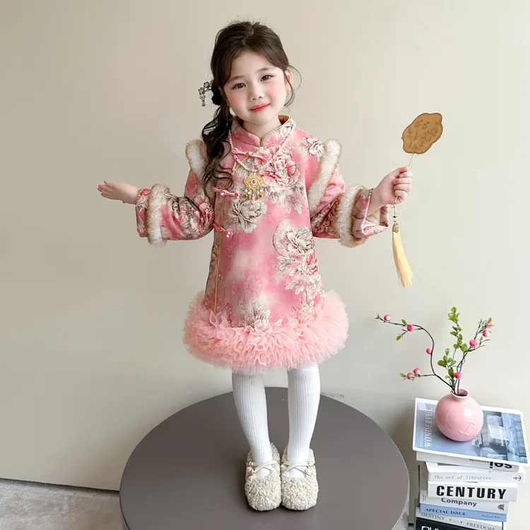 女童冬季汉服裙2025新款女宝宝夹棉新中式旗袍儿童冬款加厚年服裙