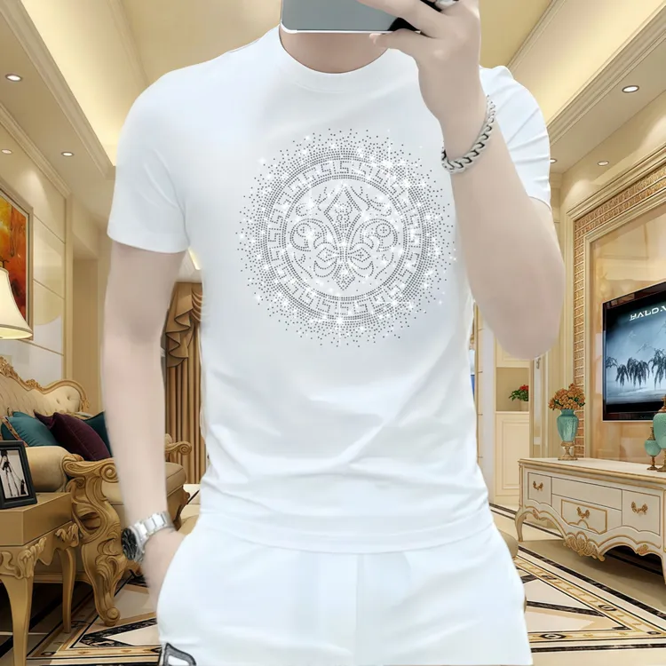 夏季男士新款白色轻奢时尚休闲潮流圆领百搭修身短袖烫钻冰丝T恤
