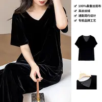 100桑蚕丝丝绒时尚气质v领黑色真丝丝绒短袖显瘦t恤女上衣T265