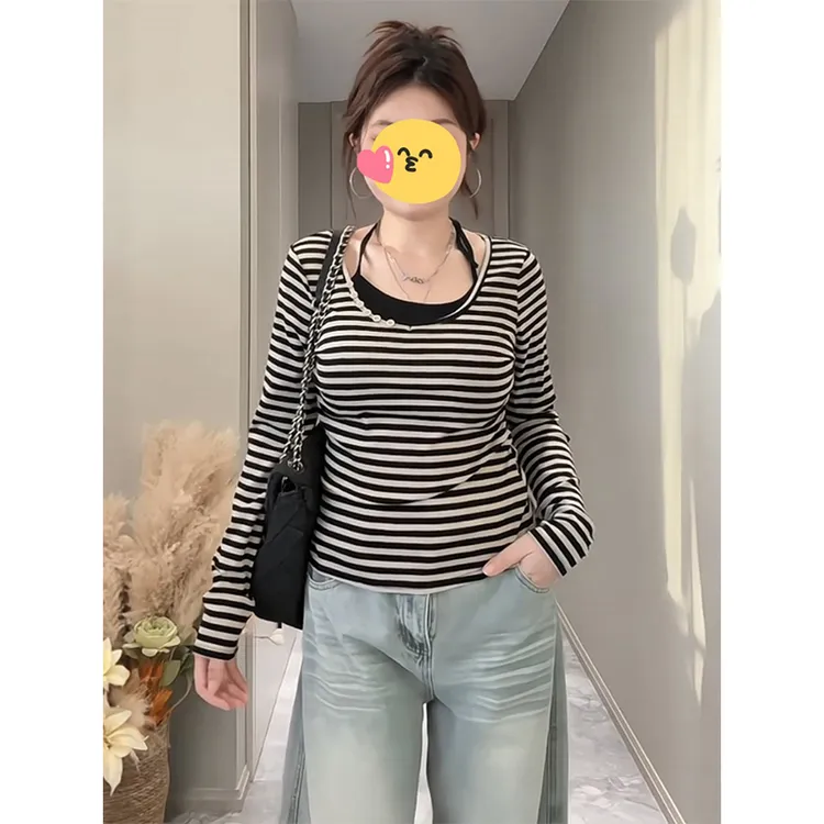 大码胖MM2025秋冬新款辣妹假两件条纹长袖T恤纯欲修身挂脖打底衫