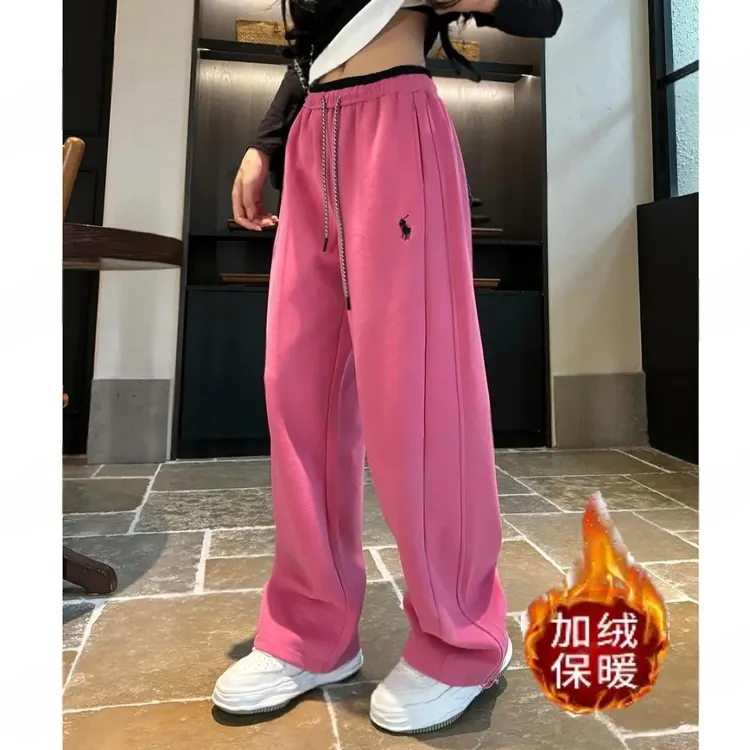 2025加绒拼腰松紧腰一裤两穿冬季直筒刺绣卫裤秋冬休闲裤弯刀裤