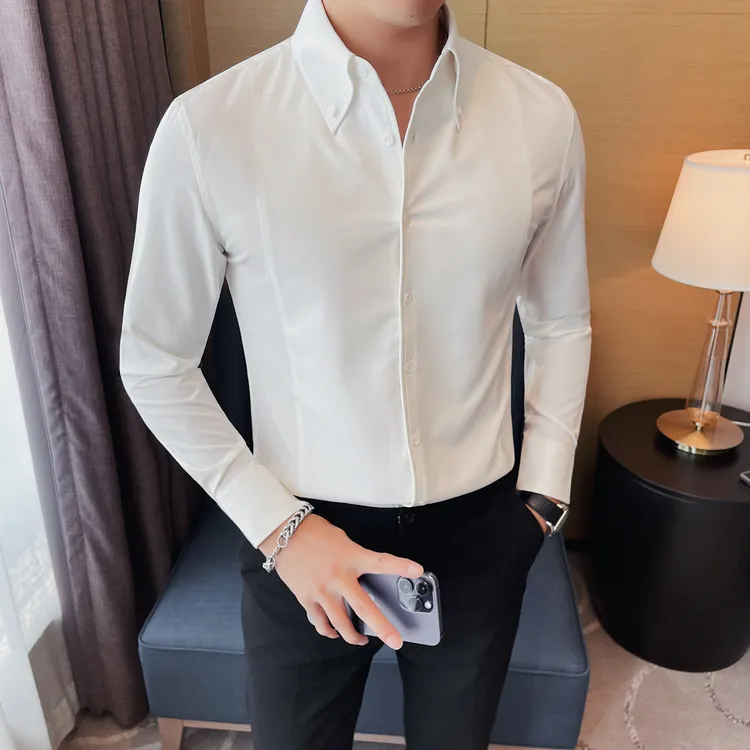猎撒春秋高级感男士韩版修身休闲百搭白衬衫痞帅纯色职业长袖衬衣