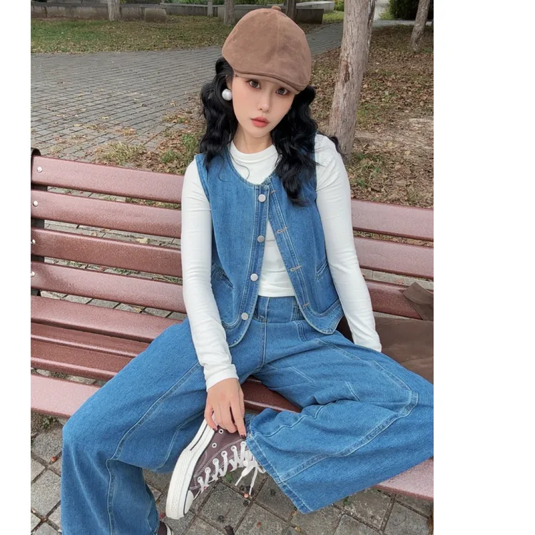 港风高端牛仔套装女春夏美式炸街高级感蓝色马甲搭配阔腿裤两件套