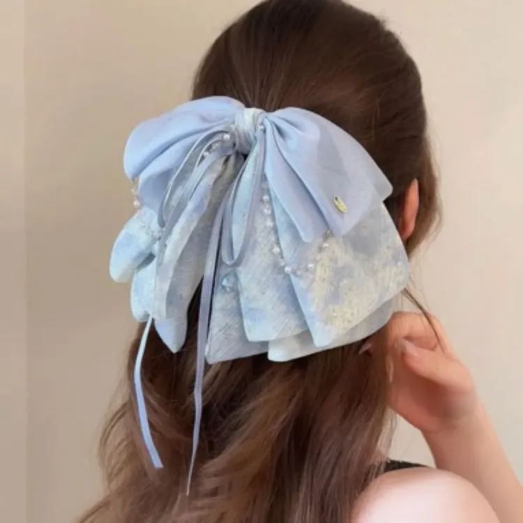 夏日晕染水晶流苏网纱流苏蝴蝶结马尾夹轻奢甜美金标银丝轻纱发夹