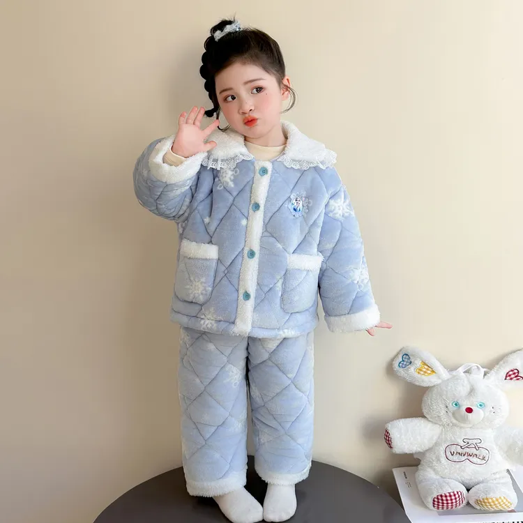 爱莎女童睡衣冬款珊瑚绒三层夹棉儿童艾莎女孩加绒加厚冬季家居服