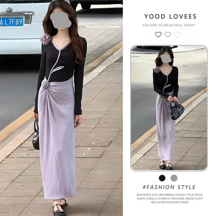 法式轻熟风气质修身V领拼接连衣裙女2025春秋新款辣妹小个子长裙