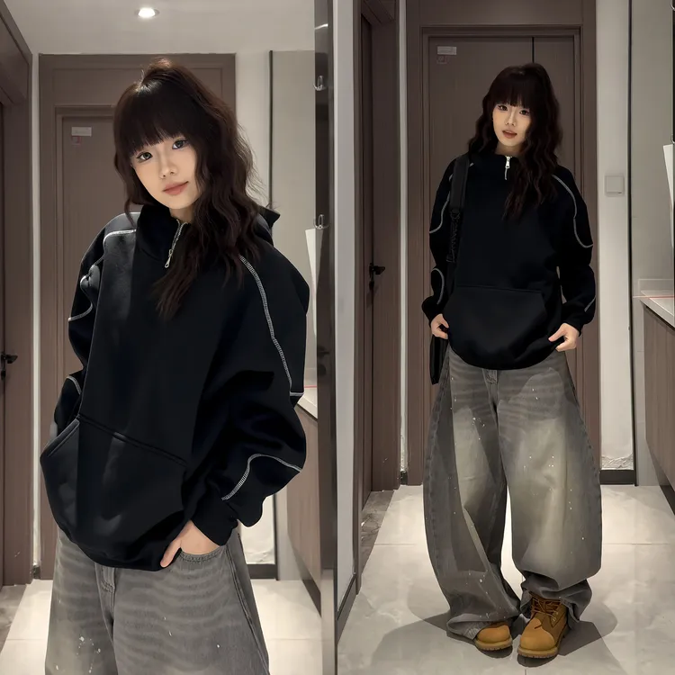 加绒卫衣男秋冬美式高街青少年百搭宽松拼接帽衫休闲宽松加厚外套