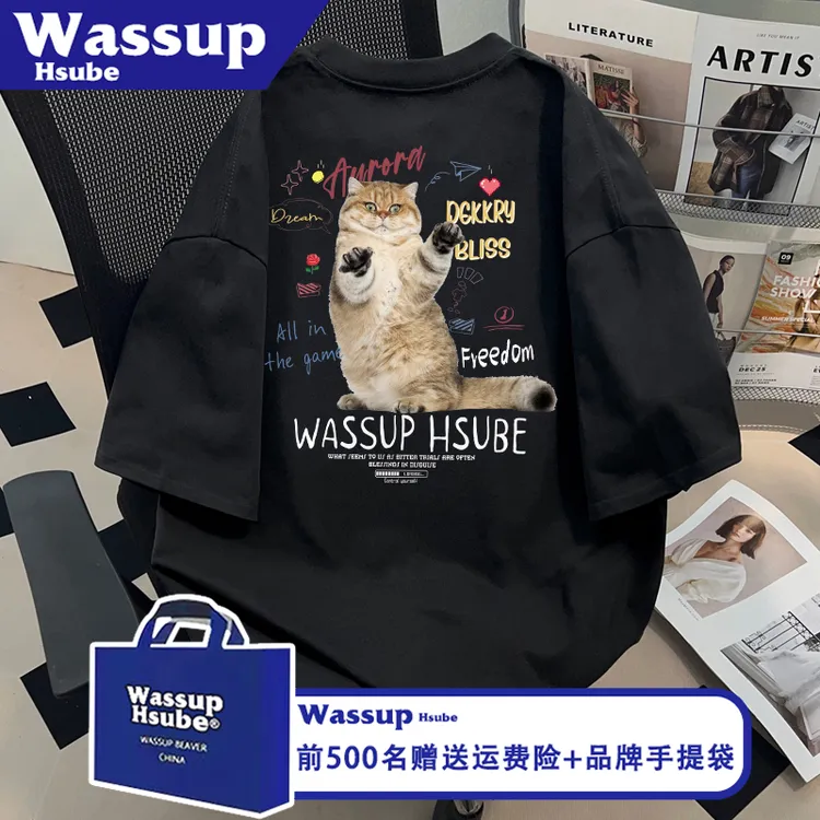 WASSUP HSUBE时尚夏季可爱猫咪印花半袖ins男女款短袖黑色纯棉T恤