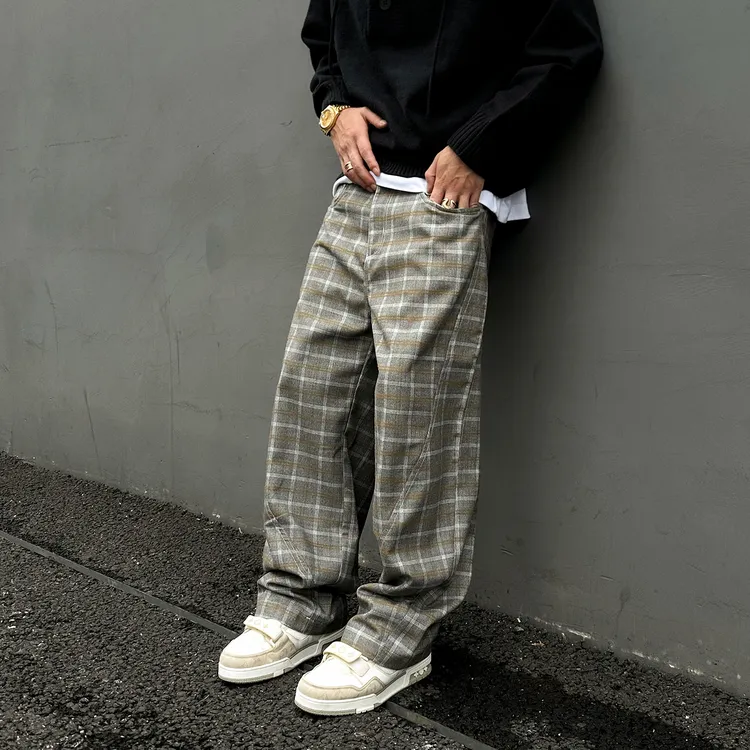 【UNAPS】美式复古cleanfit格子裤男女格纹松紧腰宽松直筒休闲裤子