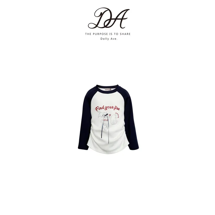 Dolly Ave「少女系列」高定优可丝精梳棉混纺小猫收腰插肩女童T恤