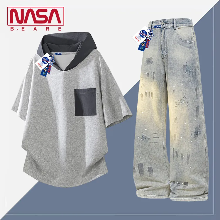 NASA联名美式拼色连帽T恤套装男夏季潮牌宽松休闲短袖牛仔裤一套