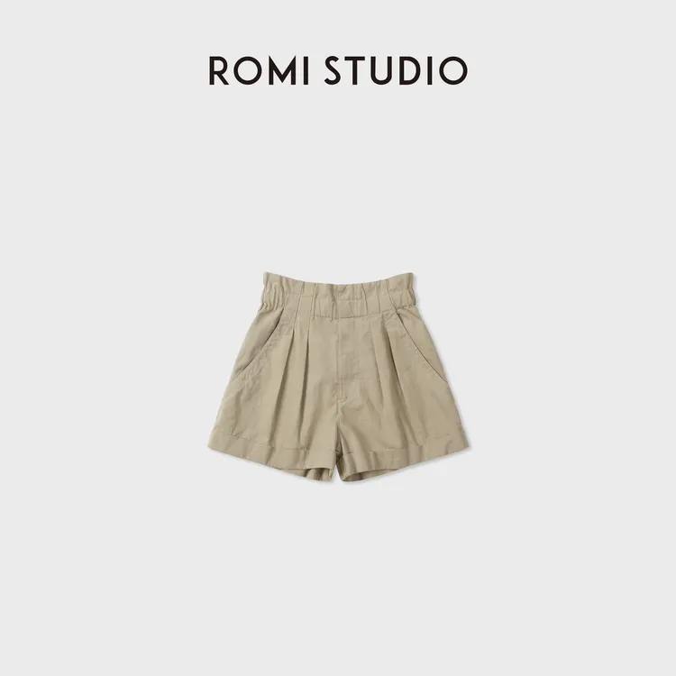 ROMI STUDIO亚麻+棉定染卡其色水洗做旧松紧腰休闲短裤RWCSXY7588
