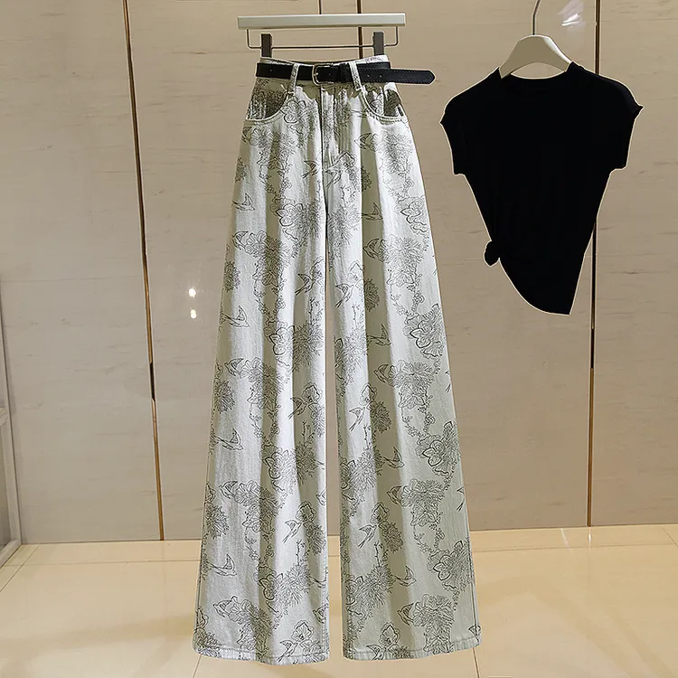 新中式国风印花阔腿牛仔裤女2025夏季新款高腰显瘦百搭直筒长裤子