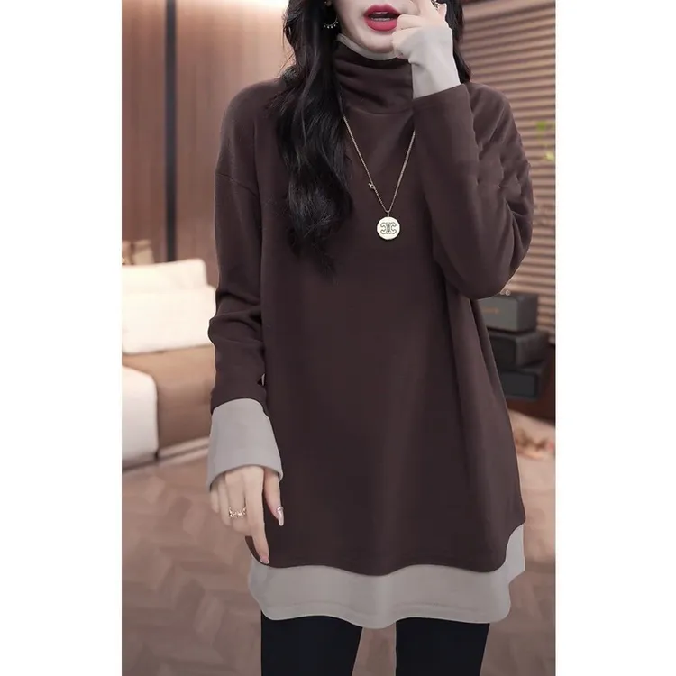 大码德绒假两件高领打底衫女秋冬季新款宽松遮肉显瘦时尚长袖上衣