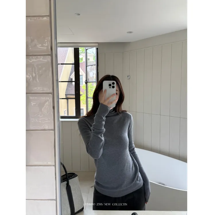 Yinkoo「羊毛打底」秋冬高领拼接长袖纯色百搭女抗皱针织T恤上衣