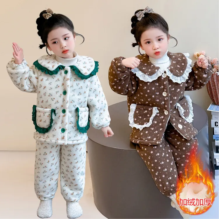 女童法兰绒三层夹棉睡衣秋冬新款儿童加绒加厚家居服珊瑚绒套装