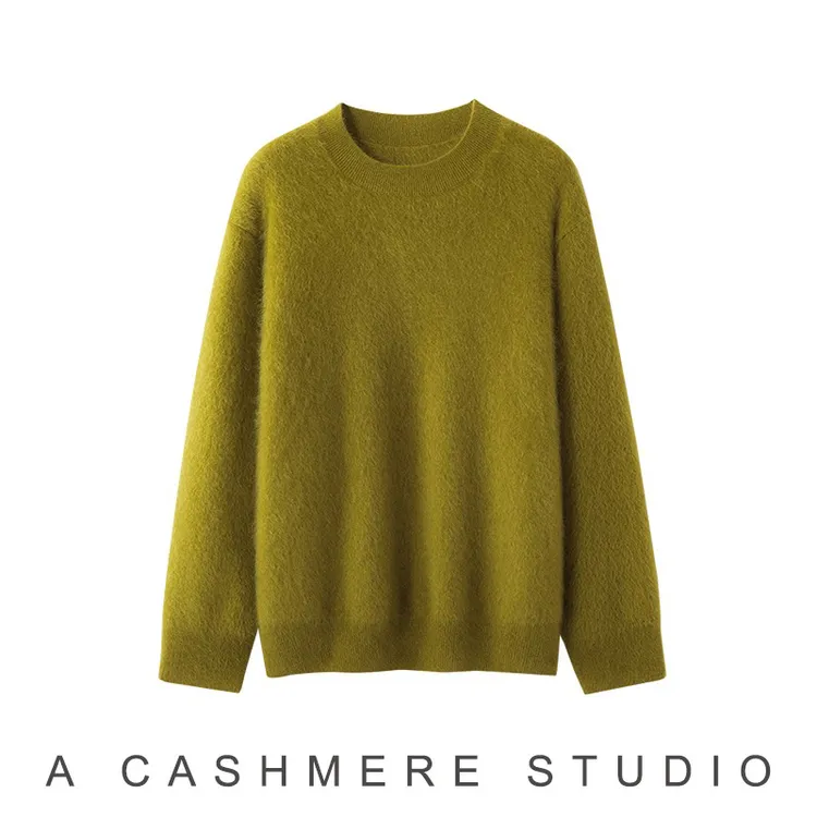 【100%山羊绒】新款拉绒圆领慵懒风极简宽松羊绒衫女款秋冬橄榄绿