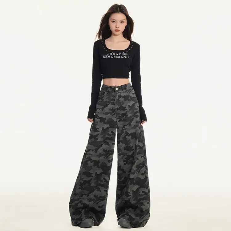 2025春季新款美式街头迷彩牛仔阔腿裤高腰设计显瘦百搭