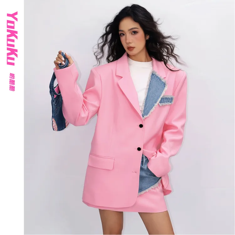 哟酷酷（芭莎女王）秋季新款小众独立设计牛仔拼接正肩西装外套