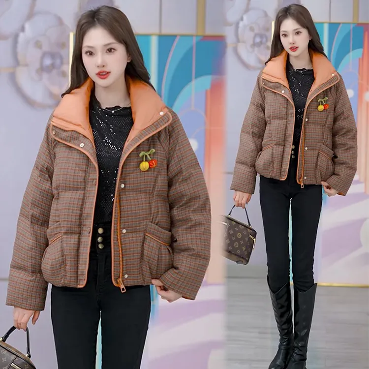 时尚格子短款棉服外套女2025冬季新款洋气立领宽松显瘦保暖上衣潮