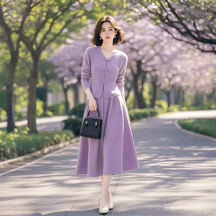 独特绝美初春套装小个子显高时尚高级感新中式紫色上衣裙子两件套