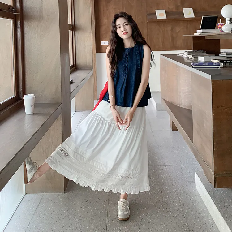 木耳边牛仔无袖上衣夏季大方得体穿搭一整套蕾丝拼接半身裙两件套