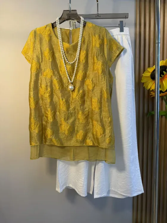 新中式大码女装短袖衬衫上衣搭配阔腿裤两件套女2025夏季新款套装