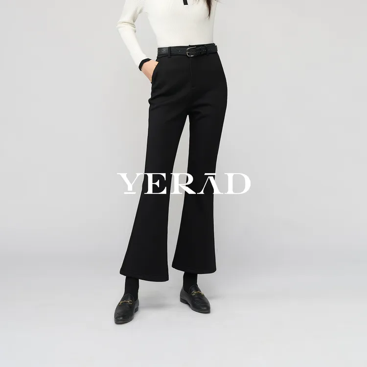 娅丽达加绒针织微喇裤女冬2025新款显瘦休闲女裤子黑色九分喇叭裤
