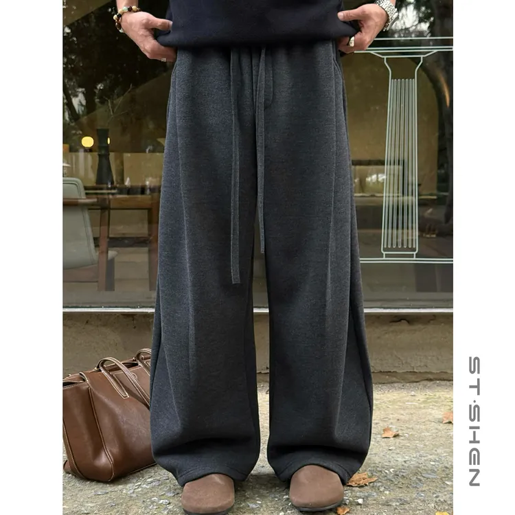 【ST·Shen】冬季桑蚕丝绵羊毛加绒加厚休闲老钱阔腿直筒弯刀裤3102