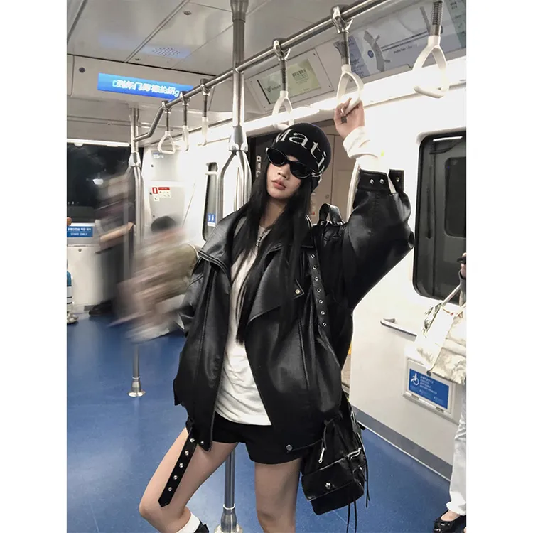 2025秋季新款港风黑色辣妹机车夹克上衣翻领宽松百搭PU皮衣外套女