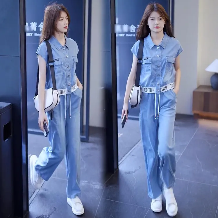 牛仔套装夏季薄款甜辣酷女装无袖网红炸街运动风阔腿裤两件套