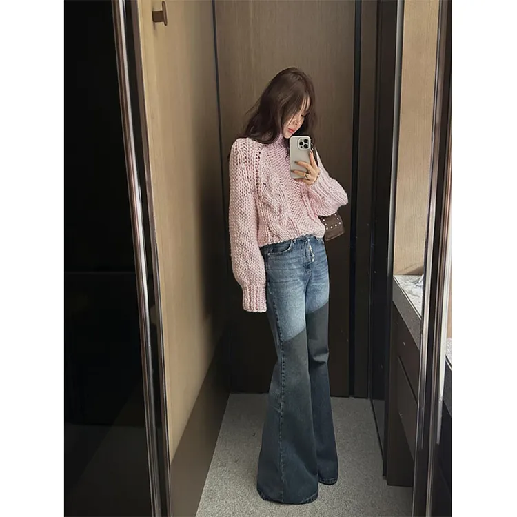 盐系轻熟风软糯镂空设计感套头长袖针织毛衣高腰显瘦喇叭牛仔裤女
