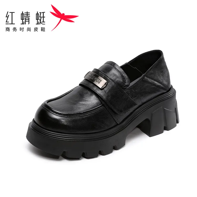 红蜻蜓头层牛皮手单鞋抓纹皮圆头秋季中跟乐福鞋搭扣春季小皮鞋女