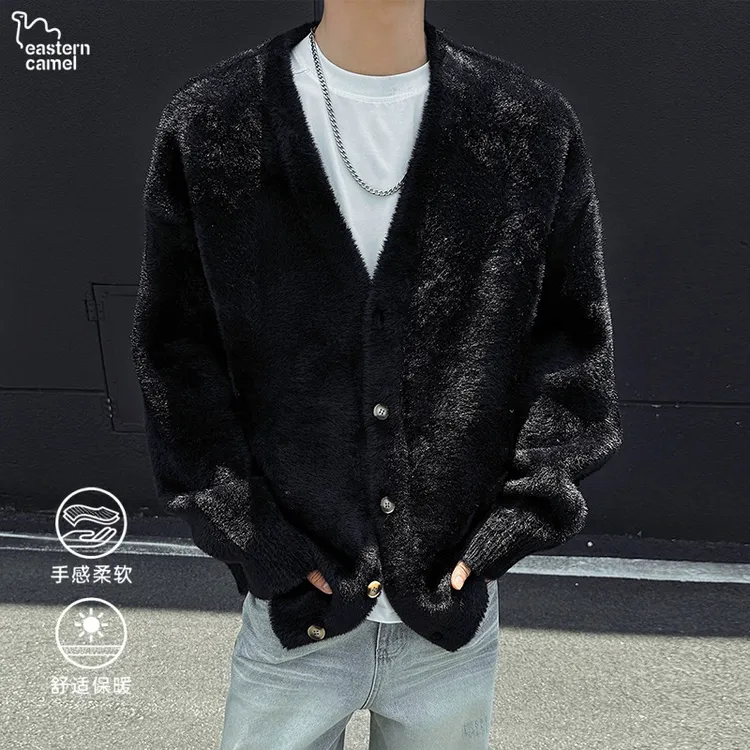 东方骆驼V领毛衣男士秋季美式复古长袖针织衫柔软慵懒风开衫外套