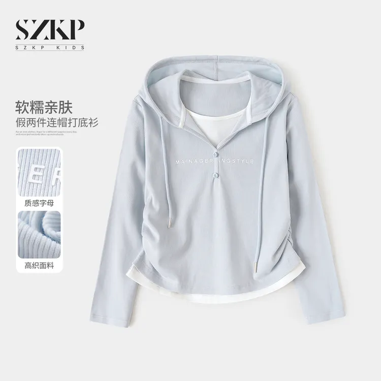 SZKP春季女童假两件打底衫中大童女孩时尚连帽长袖T恤YNYC550278