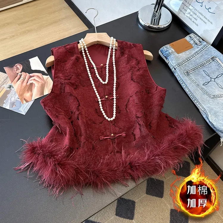 【加棉加厚】新中式国风红色提花马甲2025秋冬新款鸵鸟毛拼接上衣