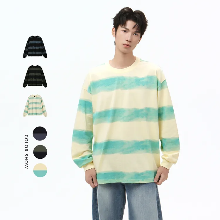 WAINOT美式街头扎染条纹t恤男秋季宽松复古280g重磅纯棉圆领上衣