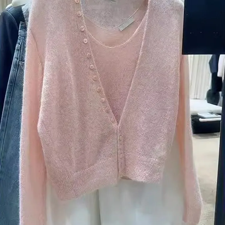 背心开衫羊驼毛毛织两件套2025年穿新款温柔亮丝百搭两件套针织衫