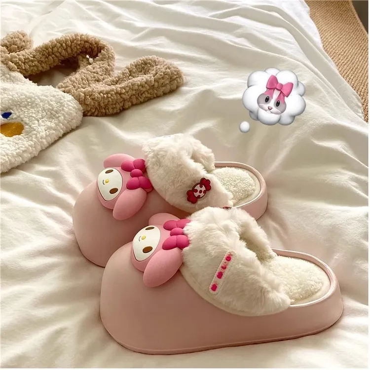 可爱到冒泡~INS卡通美乐帝厚底棉拖鞋冬季外穿保暖包毛毛拖女潮