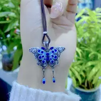 吊坠足银 990国风珐琅彩复古蝴蝶吊坠高档皮绳项链