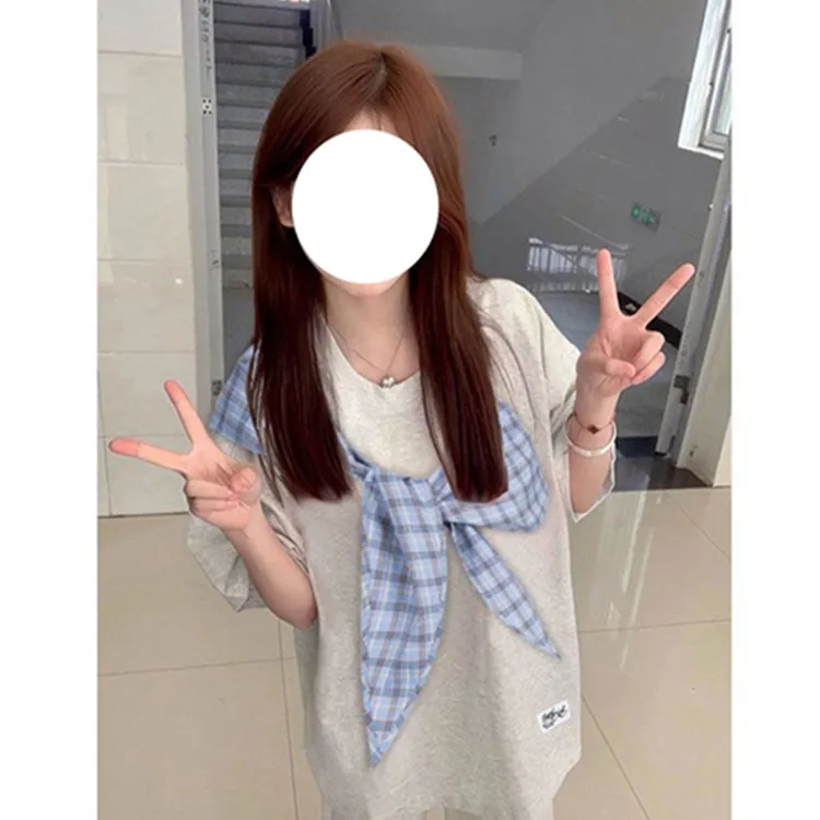 300斤大码美式蝴蝶结格子绑带纯棉短袖T恤女夏季宽松情侣休闲上衣