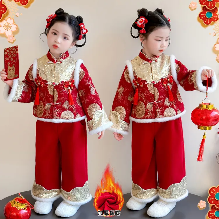 女童年服套装冬季2025新款洋气国风中式冬装加绒加厚拜年服两件套