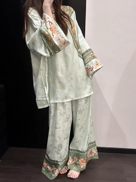 新中式睡衣女春秋夏季国风复古汉服印花长袖长裤格格装宽松家居服