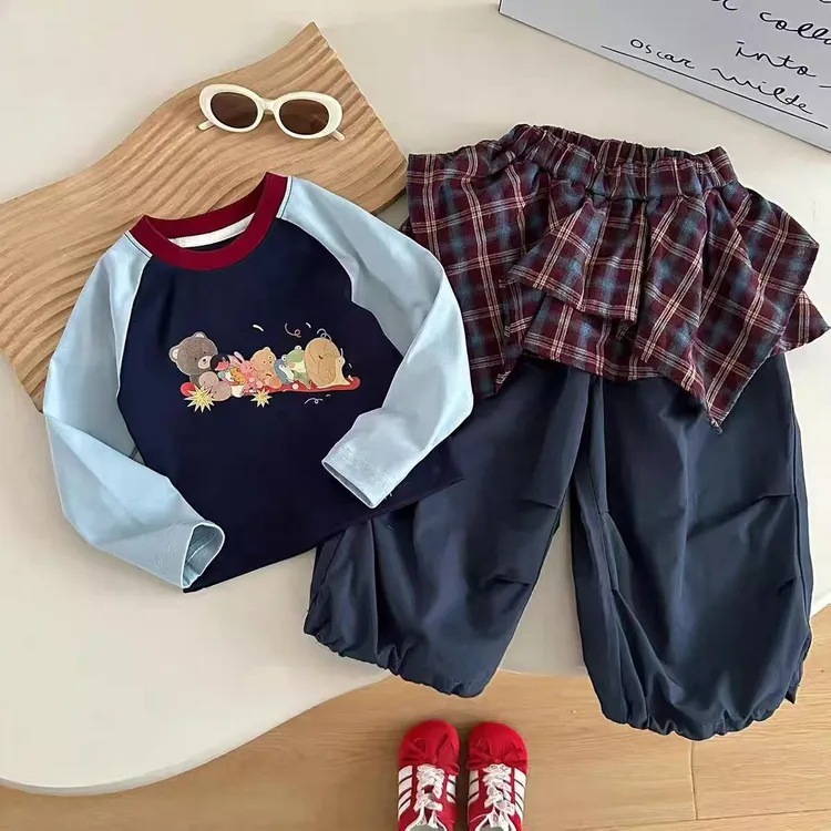 女童套装秋季秋装新款洋气儿童T恤格子屁帘裤早秋衣服休闲两件套